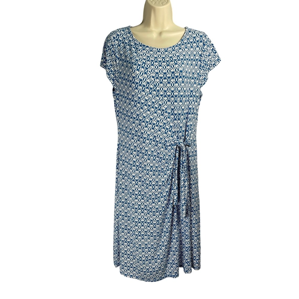 Talbots Outlet Dress Womens LP‎ Petite Large Blue Geo Print Tie Front Sheath